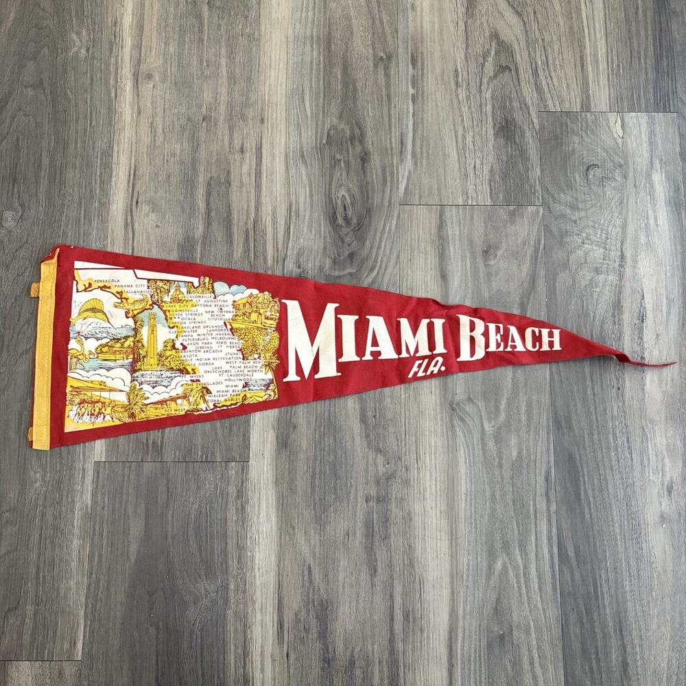 Vintage Miami Beach Florida Souvenir Felt Pennant Beach Red Used